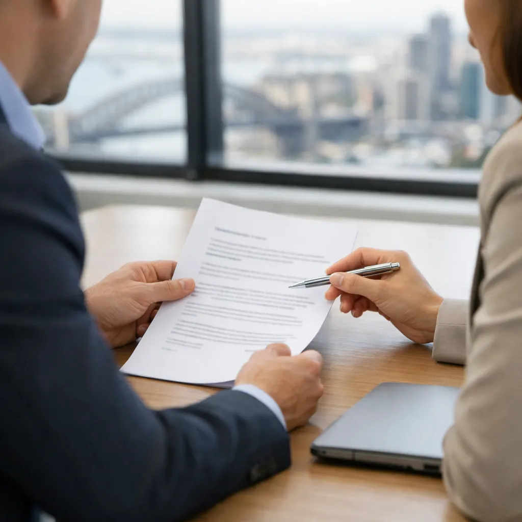 : Business meeting with two people reviewing a confidential agreement document in a modern Sydney office.