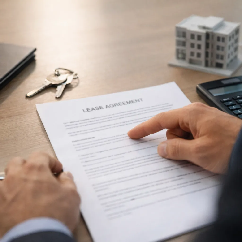 Solicitor reviewing a commercial lease document with keys and a small building model on a desk.